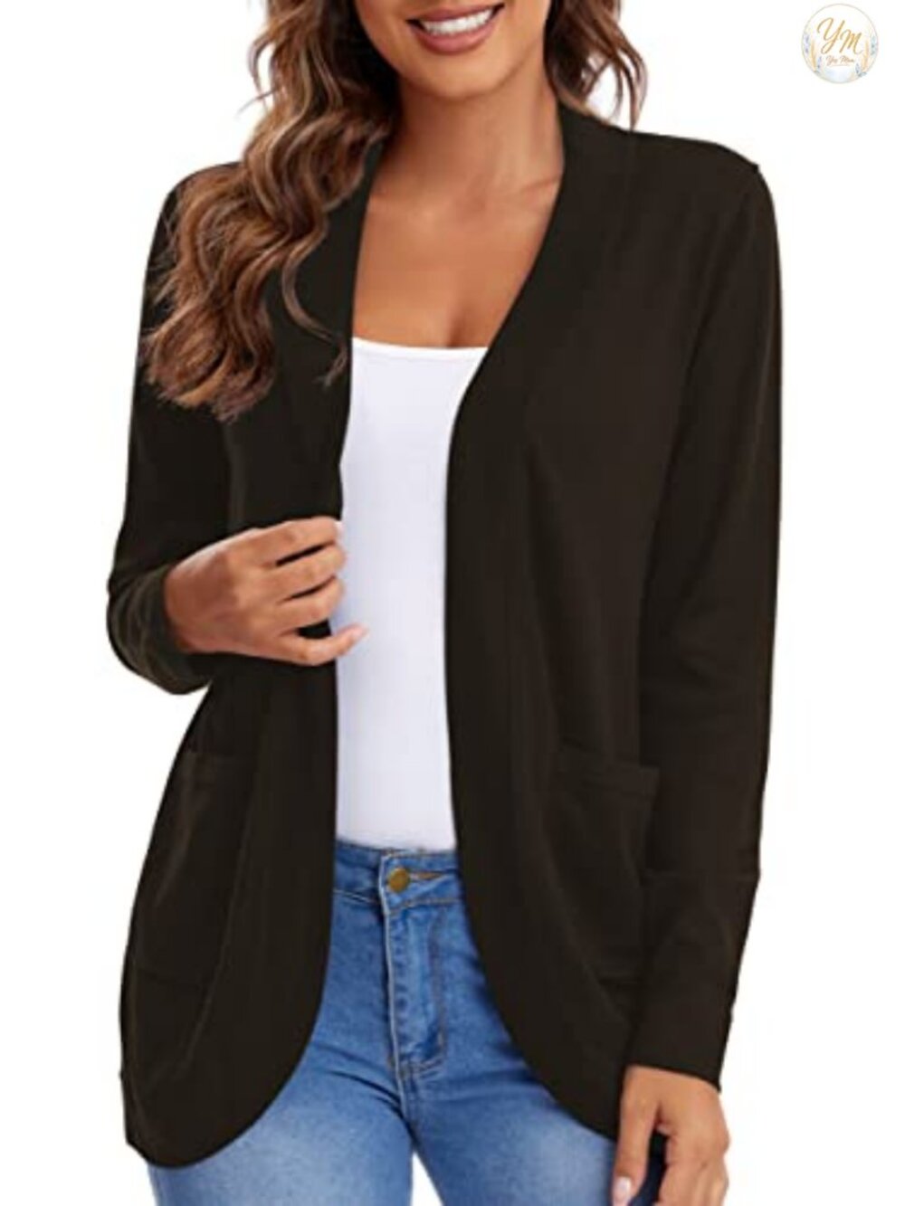 Long Sleeve Knit Sweater Cardigan Curved Hem Open Front Pockets